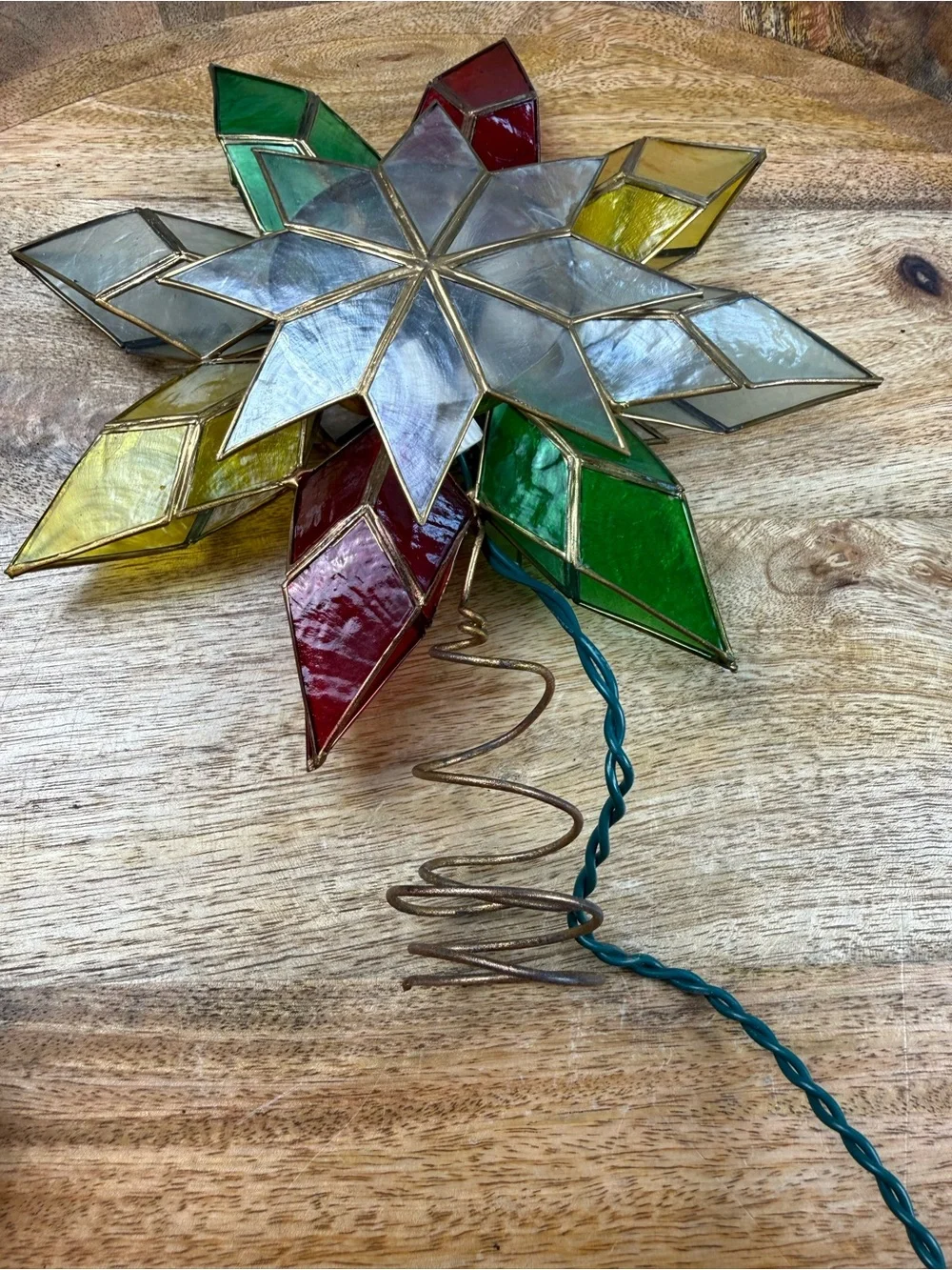 Vintage Stained Glass Lighted Christmas Tree Topper Star Multicolor Holiday